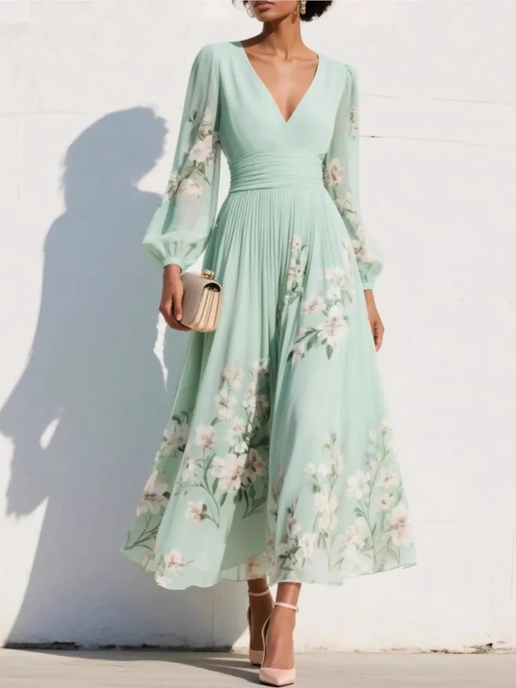 

Printed Flower Long-sleeved V-neck Pleated Dress 2026 Spring And Autumn New Women's Digital Fashion Elegant Women's Long Dress