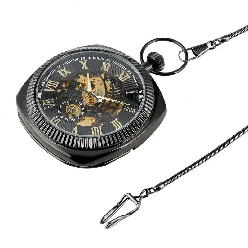 Antique Men Women Mechanical Hand-Winding Pocket Watch Roman Numerals Display Pendant Clock with Fob Chain Luminous Hands Gift