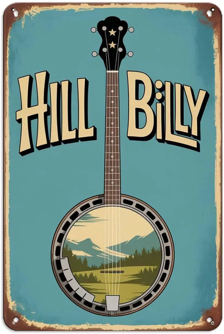 Hillbilly Banjo Music Instrument Tin Sign Retro Blue Mountain Landscape Art Vintage Metal Signs for Kitchen Bar Cafe Home Wall D