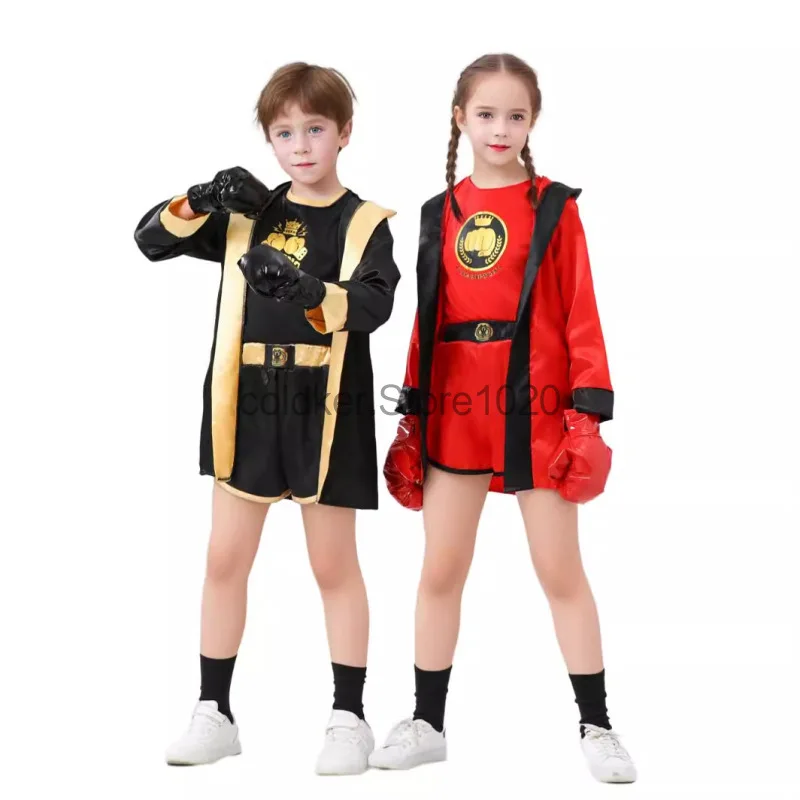 Kids Boxer Cosplay Uniform Boys Girls Boxing Robe Thai Kickboxing Costume Children Sports Fitness Train Suit With Hoodie Cloak