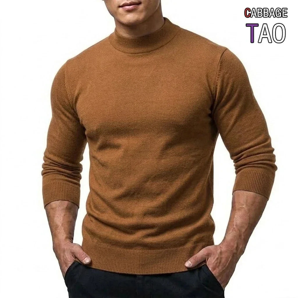 Autumn Mens Knit Mock Neck Jumper Long Sleeve Relaxed Pullover Slim Fit Plain Thermal High Neck Sweaters Winter Apparel for Male