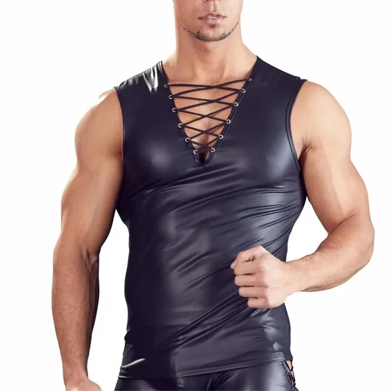 Plus Size 7XL Mens Sexy Soft Leather Sleeveless Shirts Erotic Shaping Sheath Stretch Tank Tops Male Shiny Leather Bodycon Sexi