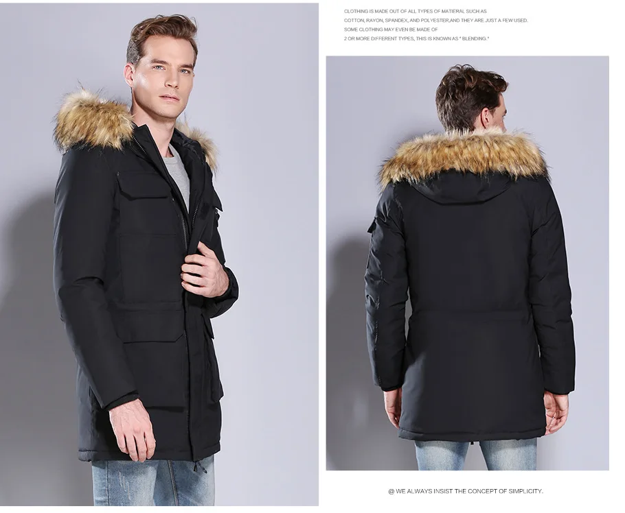 Men Thickened Down Cotton Parka Men Big Fur Collar Hooded Parkas Men Mid long Multi Pocket Outerwear Men Warm Casual Daily Parka