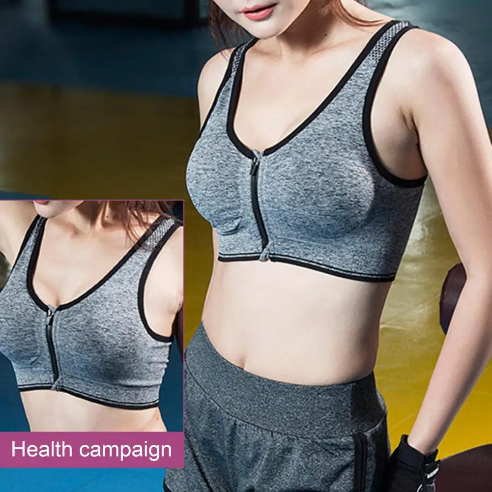 

Front Zipper Sports Women Bra Wide Shoulder Straps Wireless Padded Running Fitness Seamless Brassiere Breathable Shockproof Bra