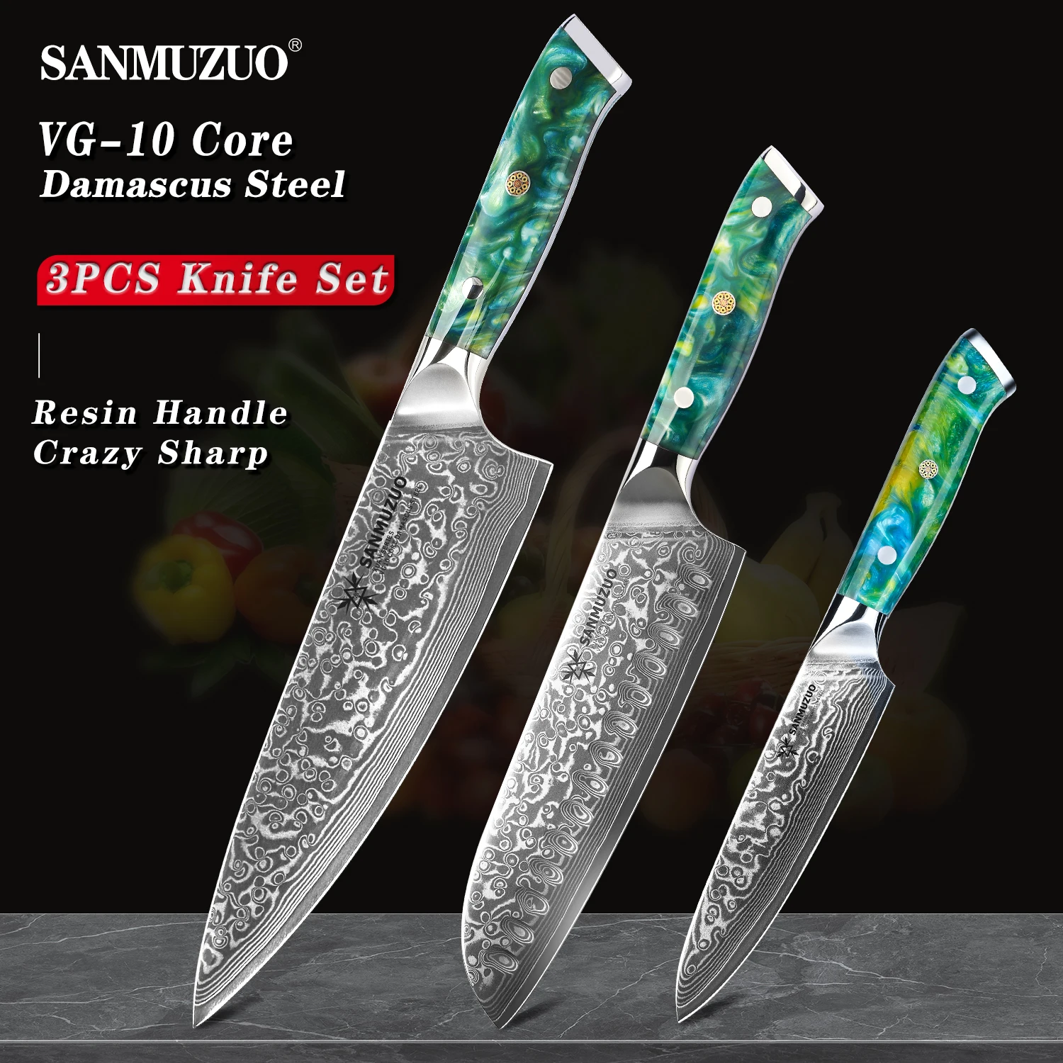 

SANMUZUO 3PCS Kitchen Knife - Xuan Series - VG10 Damascus Steel Kitchen Knives Chef Utility Santoku Knife - Resin Handle