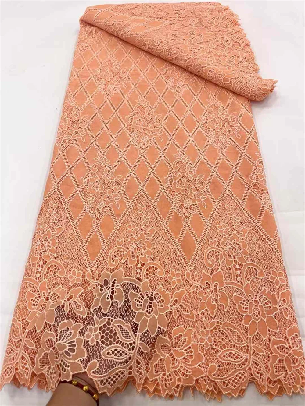 Fashion Latest Nigerian Lace Chiffon Cotton Lace Fabric 2024 High Quality Lace Peach Luxury African Fabrics 5 Yards Dress A622-1