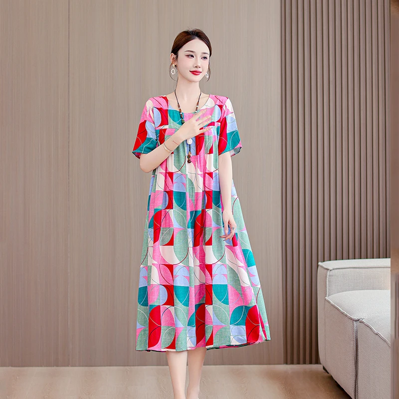 New Casual Fashion 2025 Summer Dress For Women Floral Printing Short Sleeve Elegant Vintage O-Neck Dresses Women Clothing