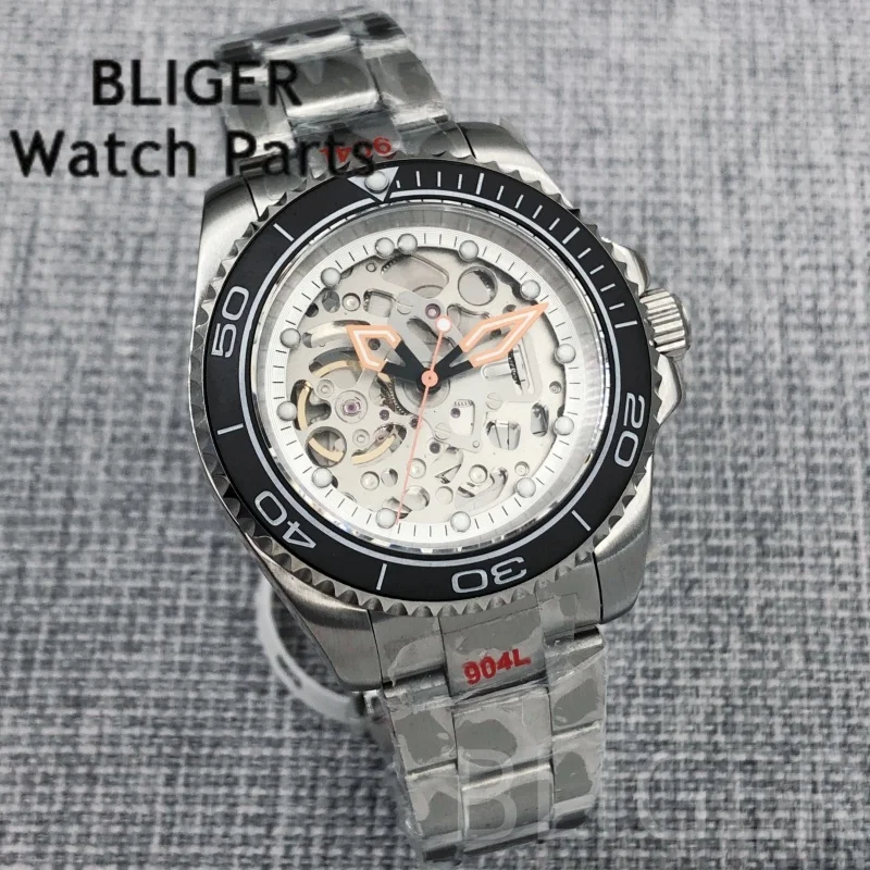 BLIGER 40 مللي متر هيكل عظمي مجوف فاخر NH70 ساعة يد ميكانيكية للرجال زجاج الياقوت الأخضر مضيئة الهاتفي 10Bar مقاوم للماء