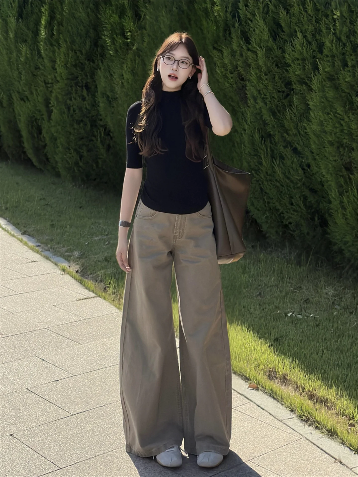 

Американские джинсы-клеш цвета хаки для женщин, летние, с высокой талией, прямые, длинные, в пол, повседневные, из хлопкового денима