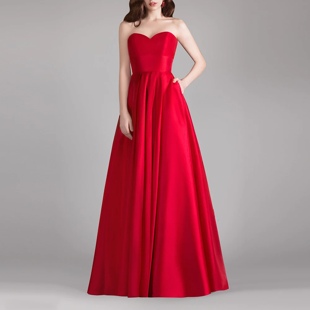 

Elegant Simple Red Evening Dresses Strapless Boat Neck Pleat Fluffy Long A-Line Prom Dresses Floor Length Evening Party Dresses