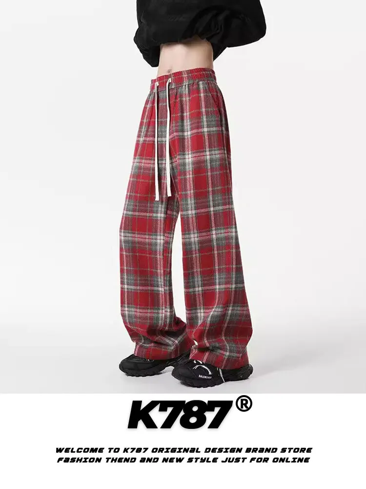 

High Waist Elastic Waist Casual Pants ex Straight Leg Long Trousers Retro American Plaid Versatile Street Sports Pants