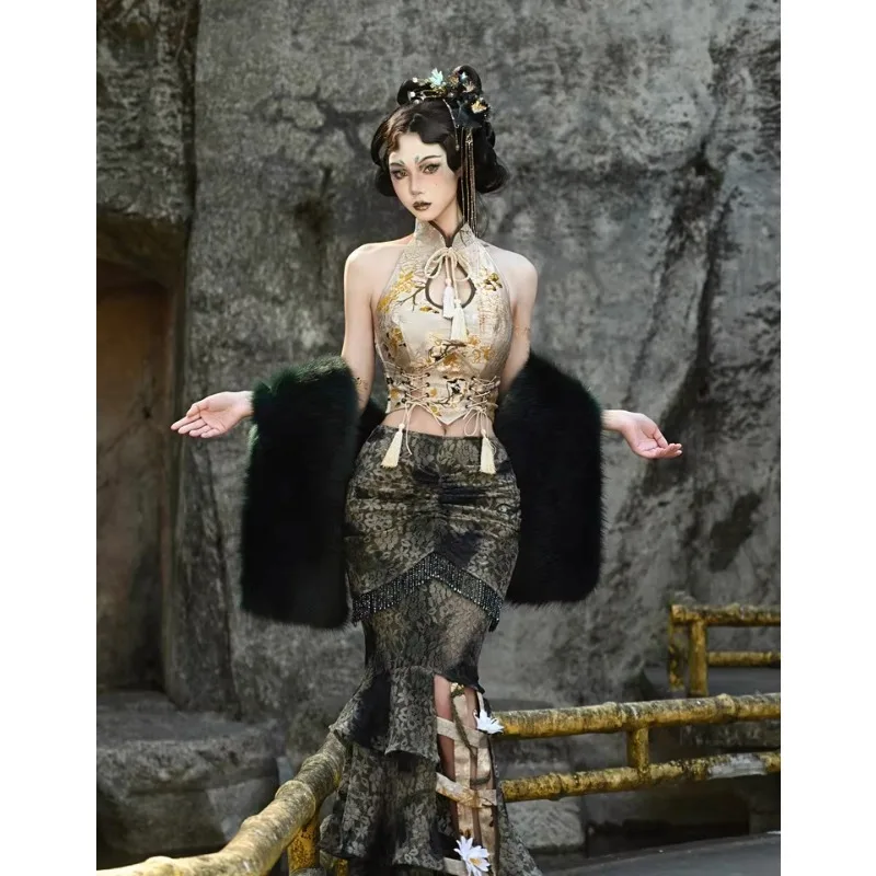 FallenVex Store New Chinese Style Women Halter Crop Top Qipao Inspired Water Drop Neck Tassel Floral Print Fit Camisole Tank Top