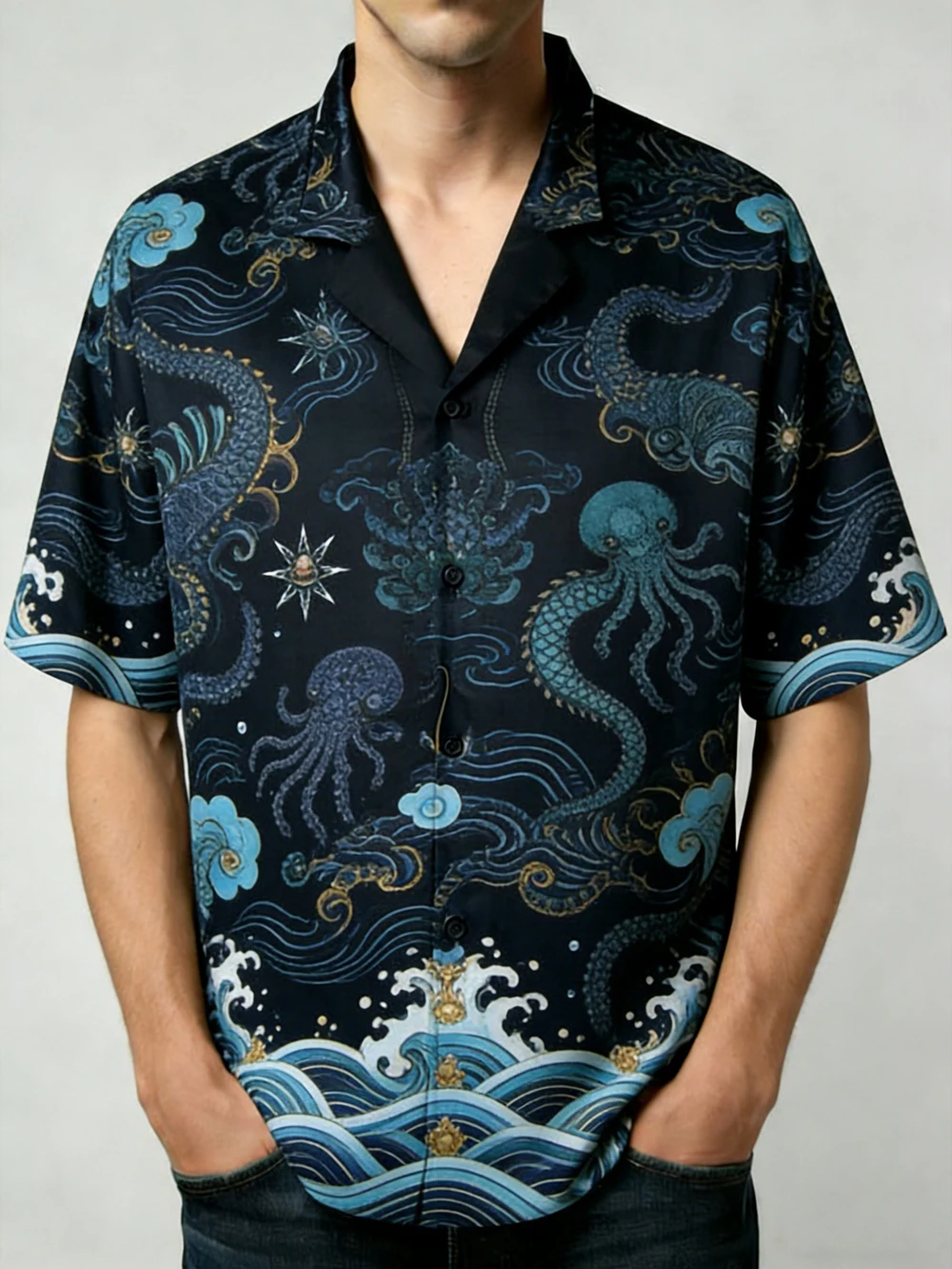 2026 Men's High-quality Short Sleeved Shirt with Luxurious Golden Baroque String Print, Cuban Collar Shirt, Suitable for Street