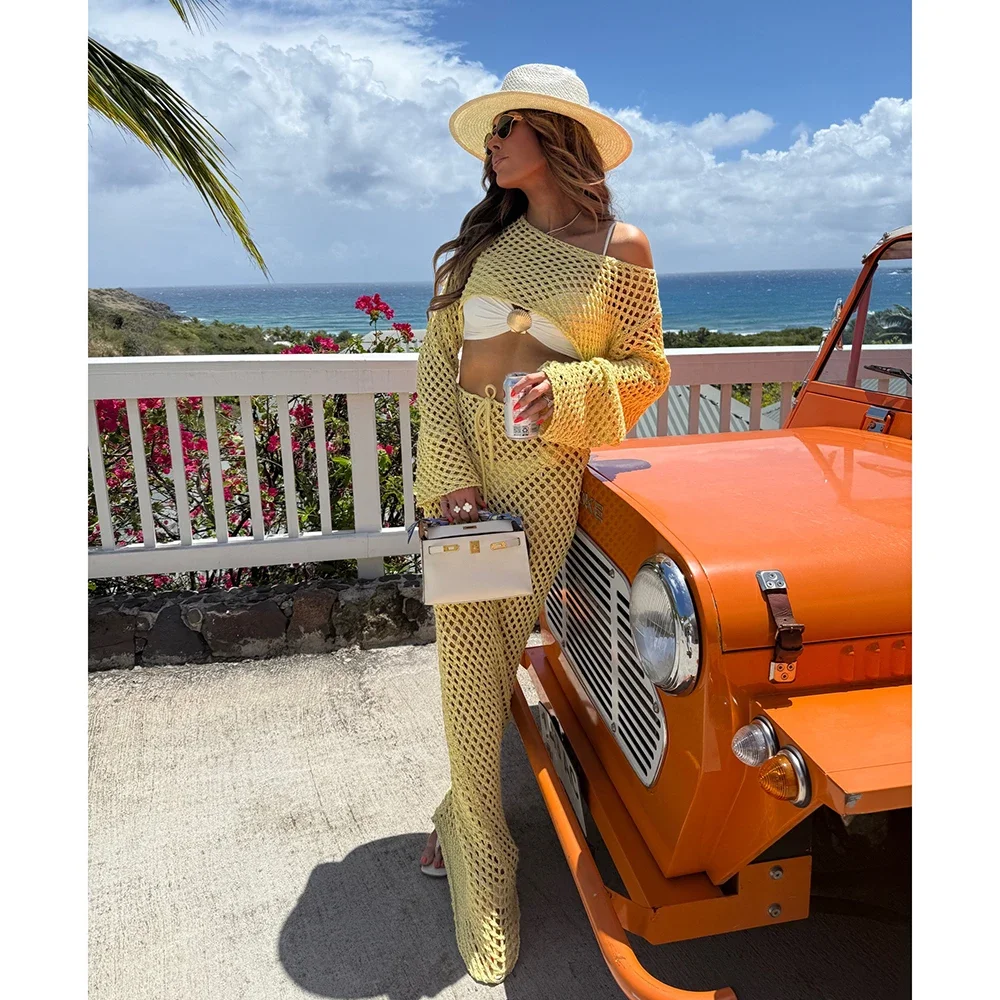 2025 malha manga longa cobrir com verão bodycon saia longa terno de duas peças malha beachwear bikini cover-ups praia