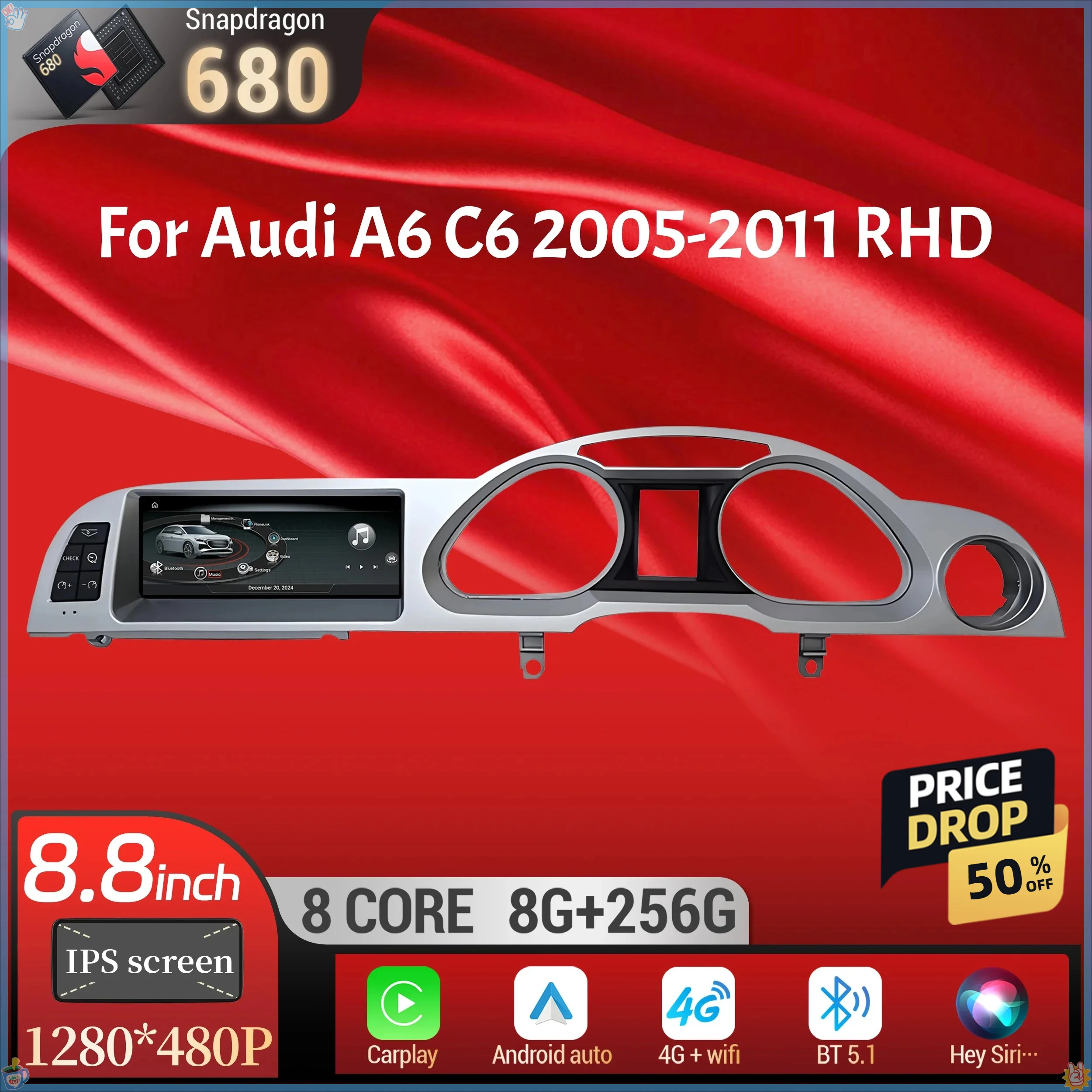 8.8 inch Car Radio For Audi A6 C6 2005-2011 Right Hand Drive Android 14 Wireless BT Carplay Qualcomm Snapdragon 680 Touch Screen