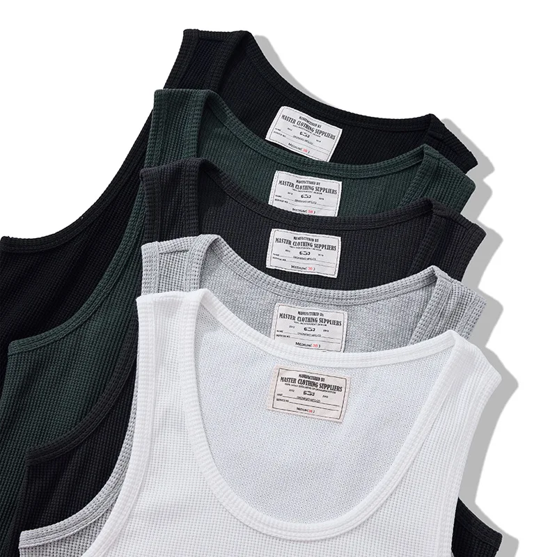 American Retro 230g Tight Fitting Solid Color Waffle Vest for Men, Elastic Sleeveless Camisole Sports Vest, Breathable Vest
