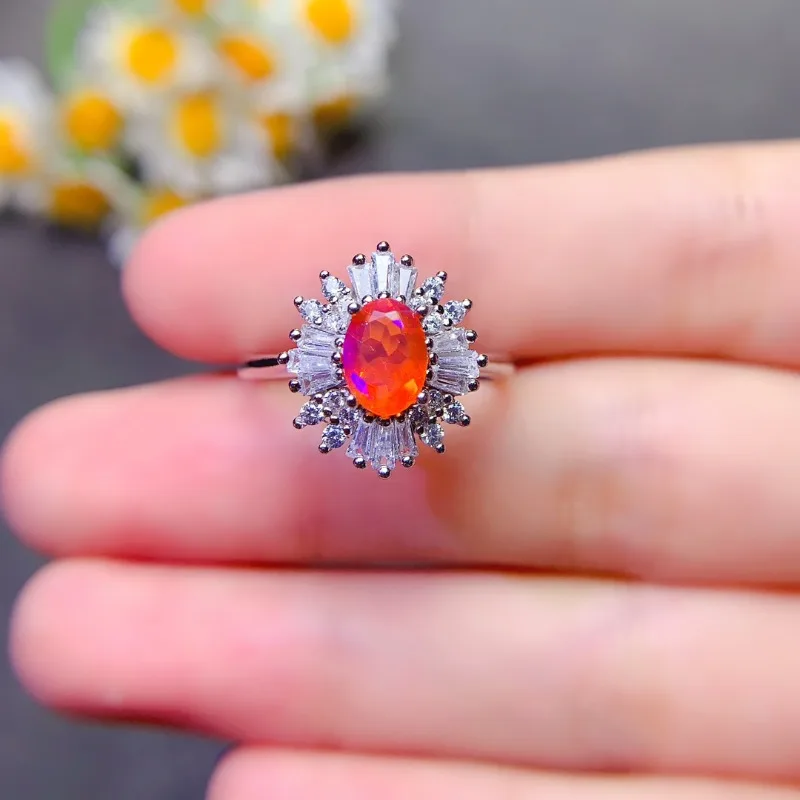 Orange Opal 5x7mm rings 925 Silver Natural Opal rings For Women Sterling Silver Jewelry Gift