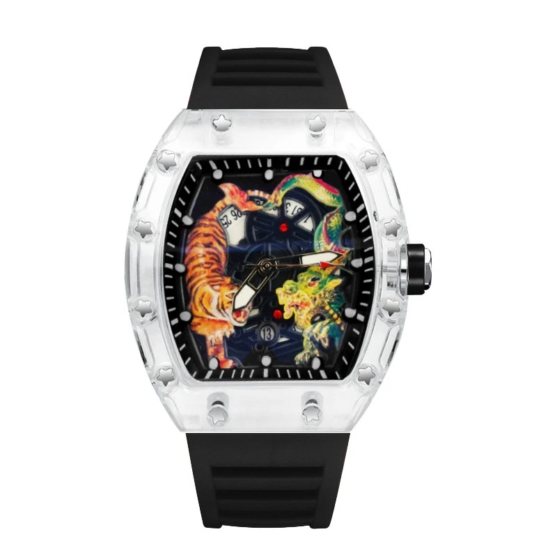 Fashion Dragon and Tiger Engraved Dial Tonneau Plastic Case Quartz Watch Men Luxury Waterproof Sport Watches Men Steel Men Watch