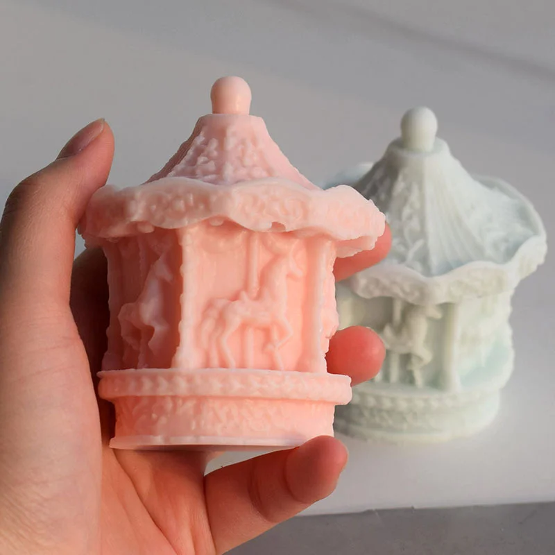 Romantic Carousel Silicone Candle Mold Wooden Horse House Aromatherapy Plaster Handmade Soap Mold Family Wedding Decor Souvenirs