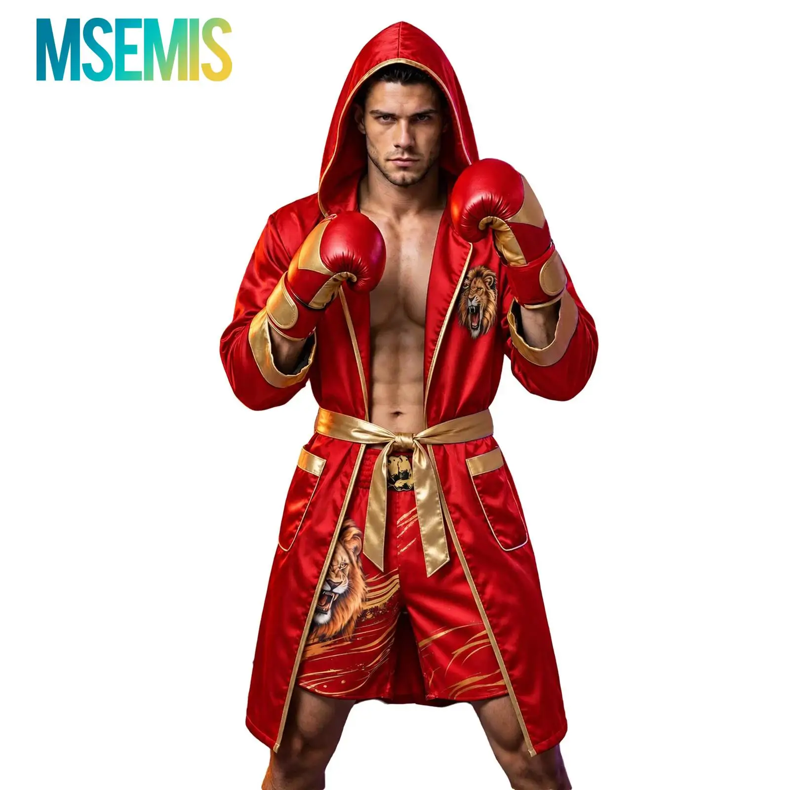 Men Adult Muay Thai Boxing Suit Hooded Satin Boxing Costume Robe Lion Graphic Muay Thai Fighting Shorts for Training Competition