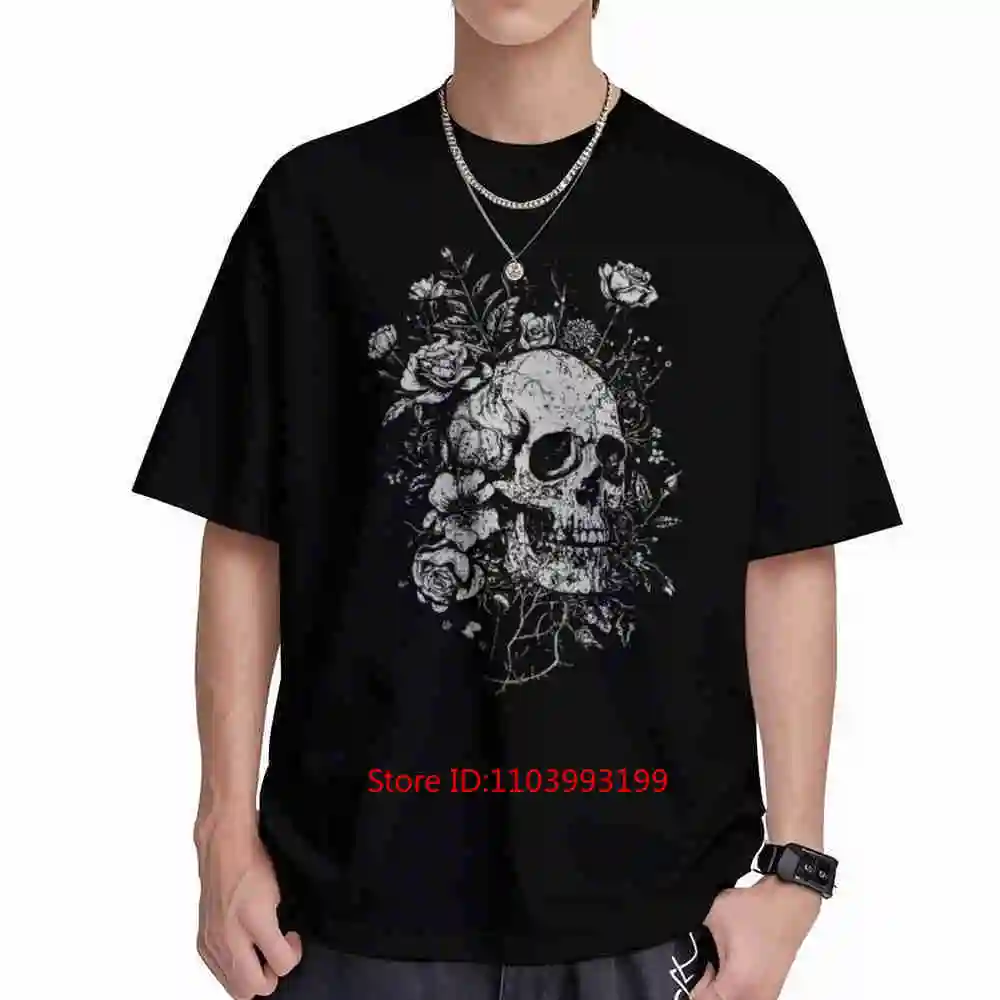 Gothic Skull Rose Floral Skeleton Linocut Witchy Goth Short Sleeve Tee 100% Cotton T-Shirt
