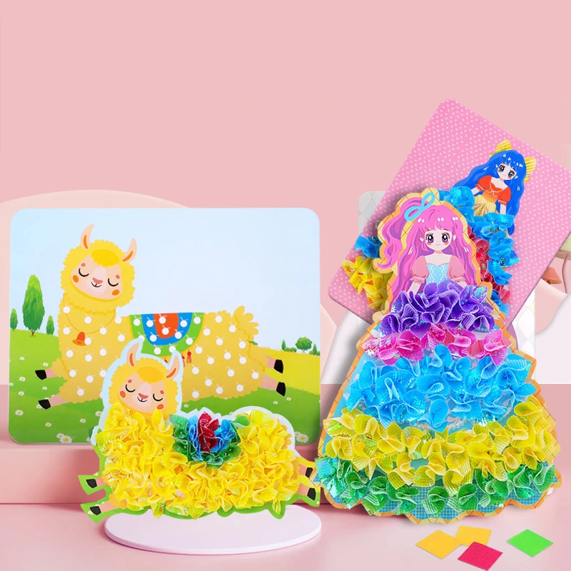 Puzzle Puncture Painting Card Boards Poke Sets For Kids Girls DIY Dress Up Princess Hedgehog Peacock Fabric Poking Art Craft