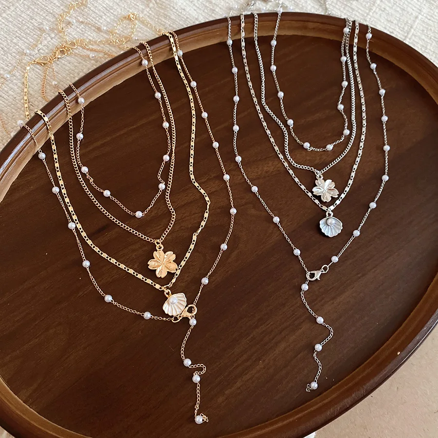 Multi-layer Chain Mini Imitation Pearl Bead Chains Necklaces Flower Shell Pendant Choker Necklace Bohemian Stackable Jewelry M1