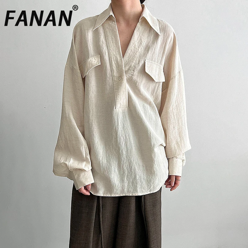 

FANAN льняные пуловеры для женщин, повседневные свободные блузки с v-образным вырезом и длинными рукавами, элегантные топы, женские осенние новинки 2023 г.
