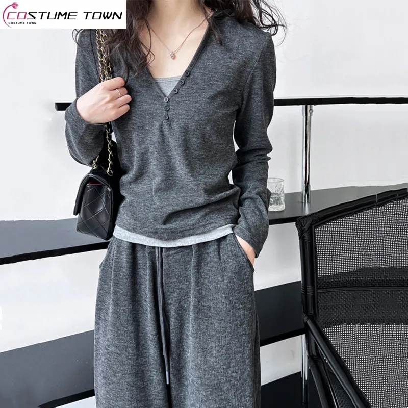

Early autumn casual women's hooded top+camisole vest+fashionable wide leg pants three piece set