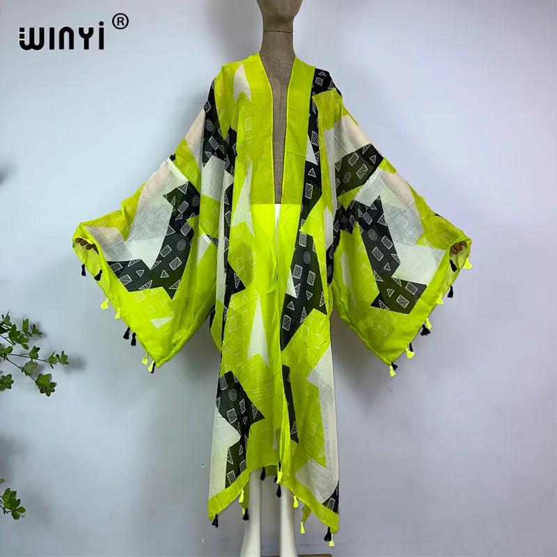 WINYI tassel kimono summer boho print Caftan beach swimwear Elegant Cardigan sexy Holiday maxi beach wear swimsuit evening dress