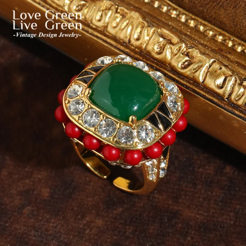 

Vintage Green Agate Rings Gold Color Rhinestone Square Elegant For Womens Accessories Quality Luxury Jewelry Designer Party 2025
