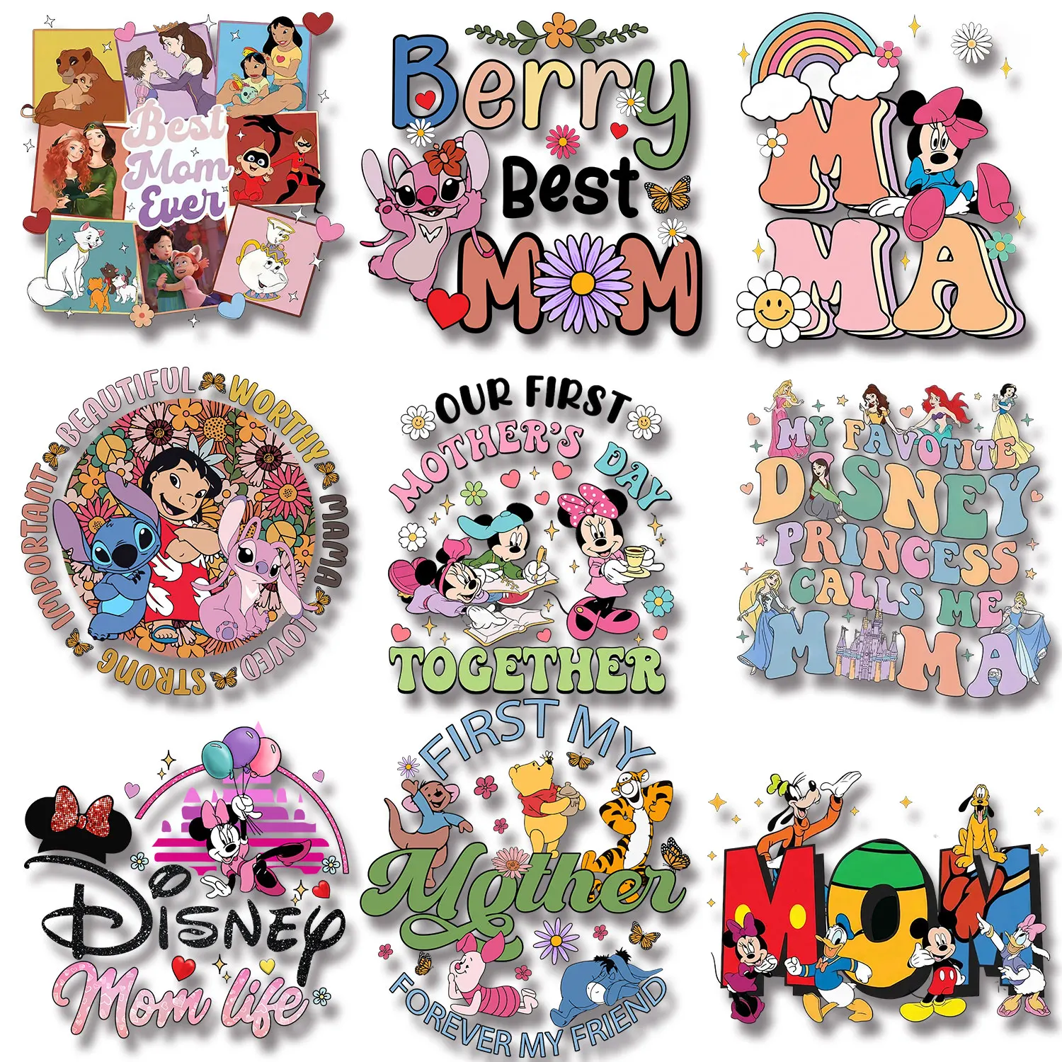 

Best Mom Ever Mickey Princess Winnie the Pooh Iron on Decals Applique for Cloth Commemorative DIY Decoration