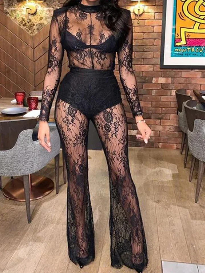 

Sexy See Through Hallow Out Lace Jumpsuit Women Long Sleeve Skinny Party Club One Piece Jumpsuits