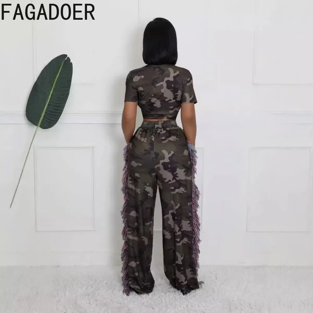 FAGADOER Camouflage Print 2 Piece Outfit Set Womens Bandage Lace-up Crop Tops and Tassels Fringed Pants Suits Street Clubwear