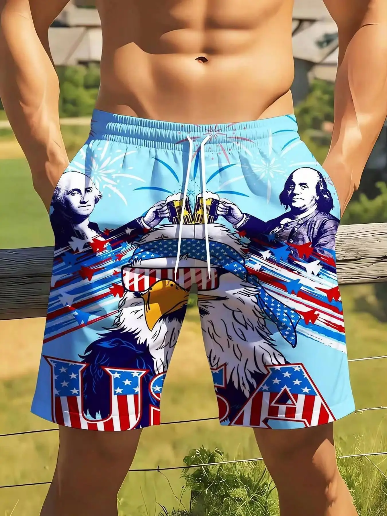 

Usa Patriotic Swim Trunks Featuring Eagle And Founding Fathers For 4Th Of July Beach Party[Plus-Size; Suitable For Casual And Athletic Wear]