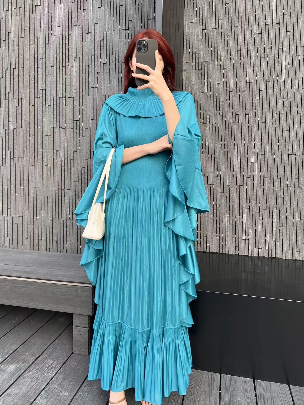 

Miyake Dress New Three Curtilages Pleated Temperament Lapel Lace Long Sleeved Loose Oversized Long Dress