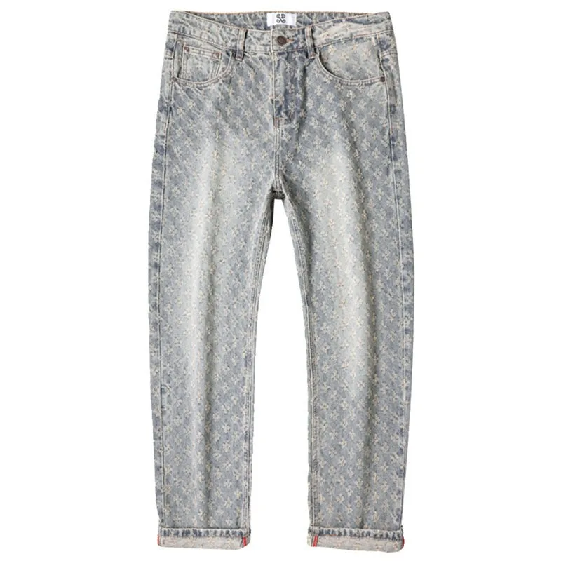 Jacquard Full Print High Street Trendy Brand Ins Design Sense Jeans Loose Straight Tube Washed Wide Leg Long Pants