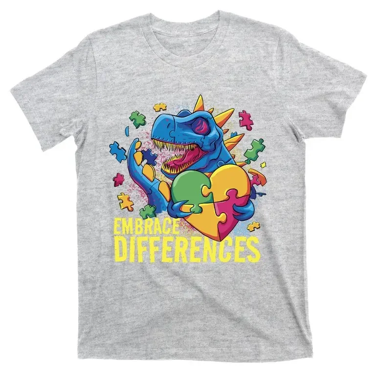 Dinosaur Holding Puzzle Heart Autism Awareness T-Shirt New 100% Cotton O-Neck Summer Short Sleeve Casual Mens T-shirt Size S-3XL