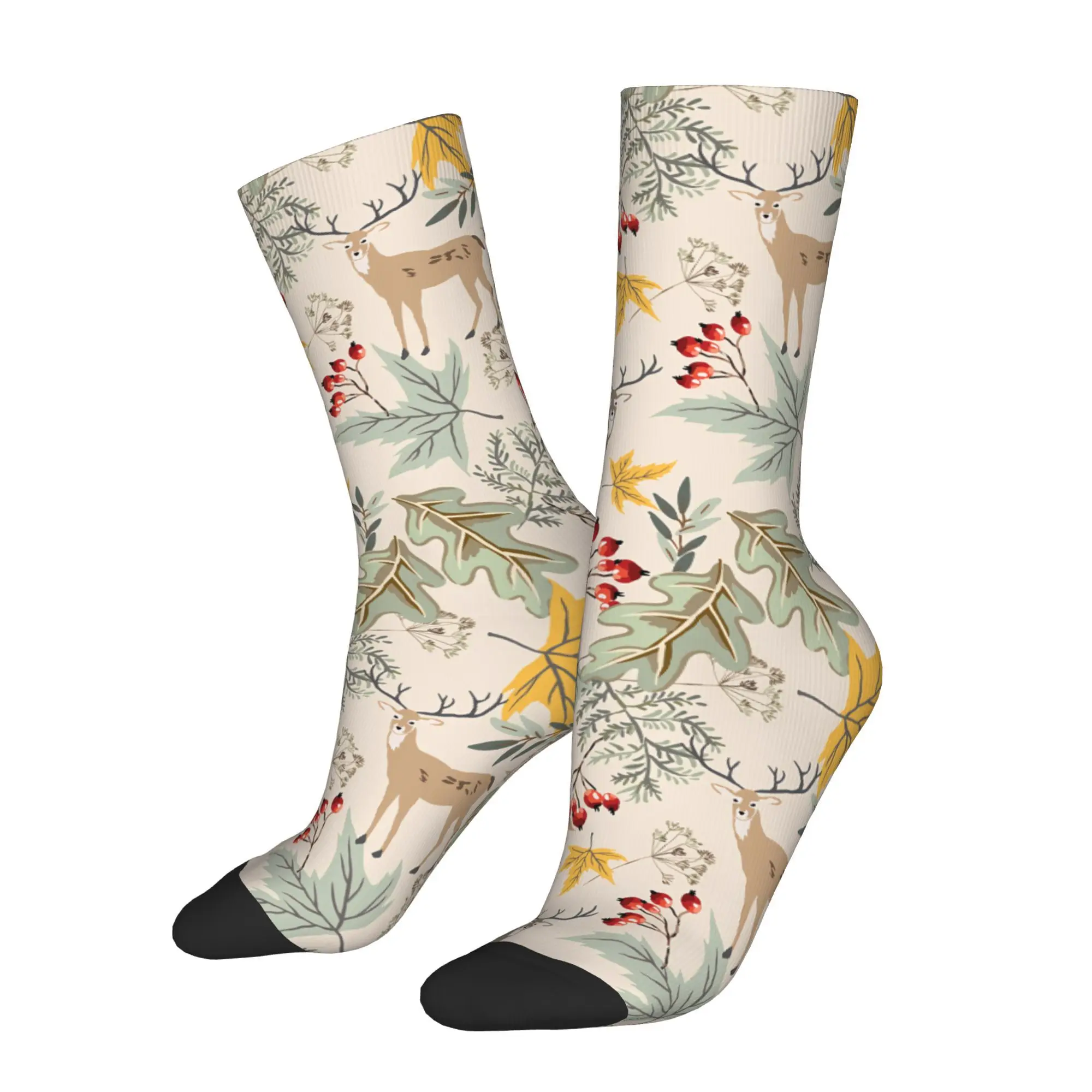 1pc Autumn Deer Animals Titmouse Birds Printed Men's Socks  Novelty Hip Hop Harajuku Pattern Crew Sock Casual Gift