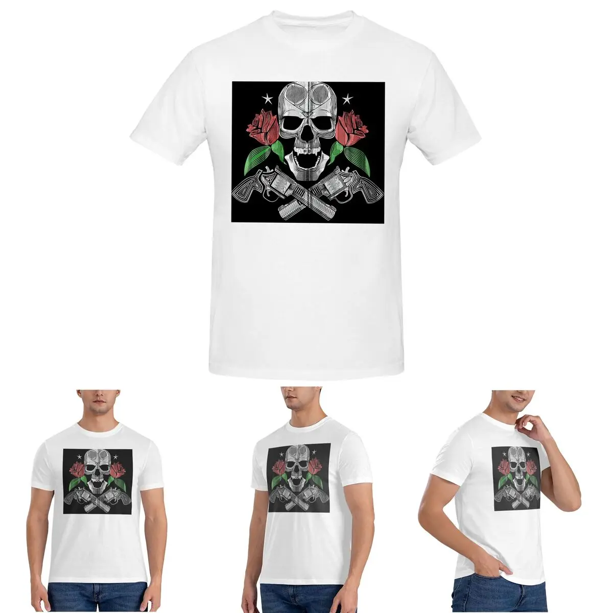 

Red Roses With Guns And Skull Design Zip Hoodie T-Shirt for Men Cotton Oversized T Shirts Men's Tees Short Round Neck Tops