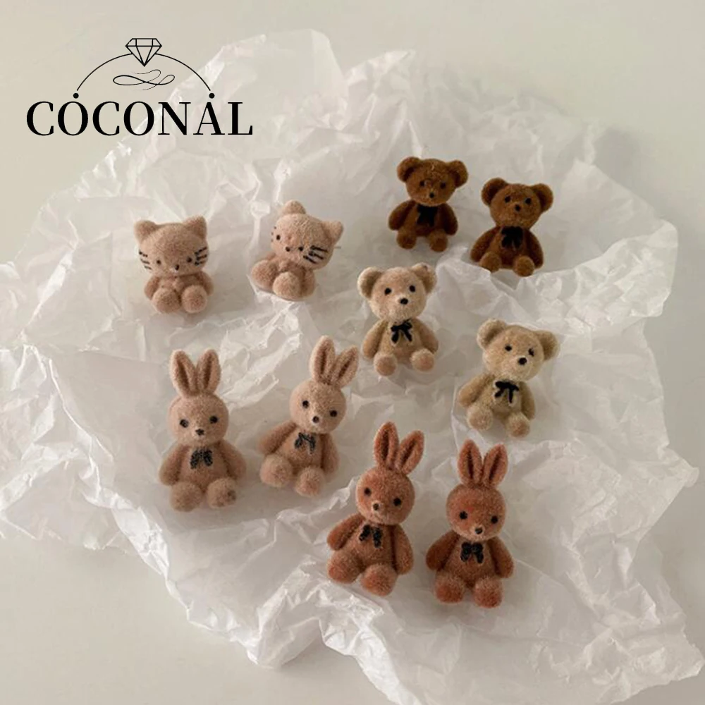 Coconal Cute Flocking Plush Rabbit Bear Stud Earrings Kawaii Brown Khaki Animal Earrings For Women Girls Korean Earring Jewelry