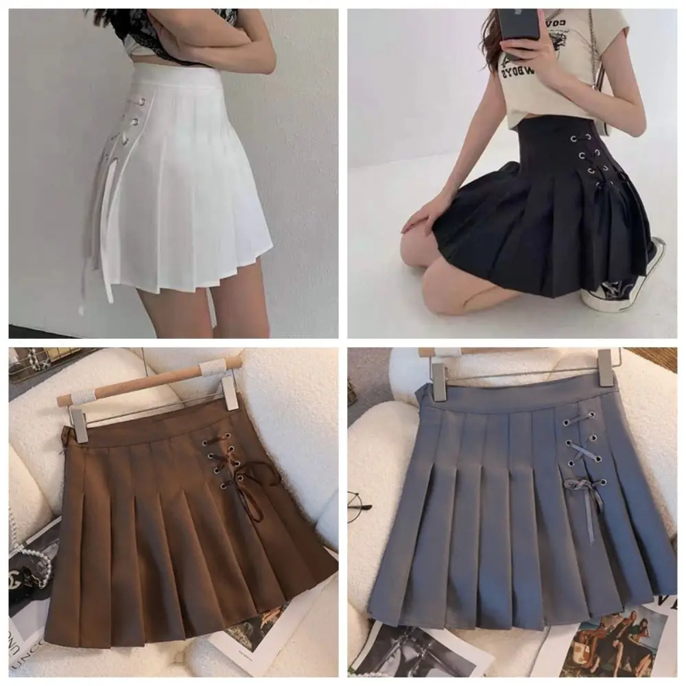 Fashion High Waisted Pleated Skirt Skirt with Shorts Underneath Side Rope Mini Skirt Lining Shorts Skater Skirt Women