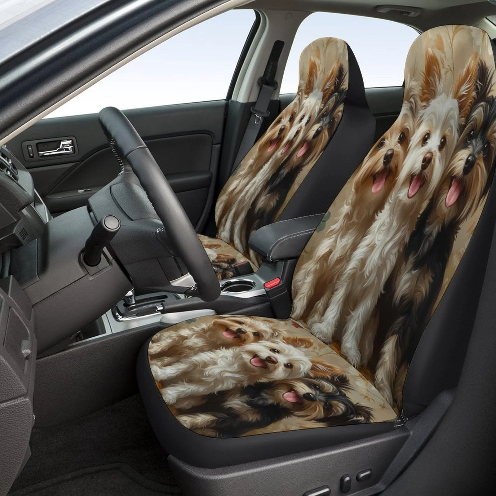 Three Puppies Themed Car Seat Cover Set - High-Quality Polyester, Fit For Most Cars, Includes 2 Front & Rear Seat Covers, All-Se