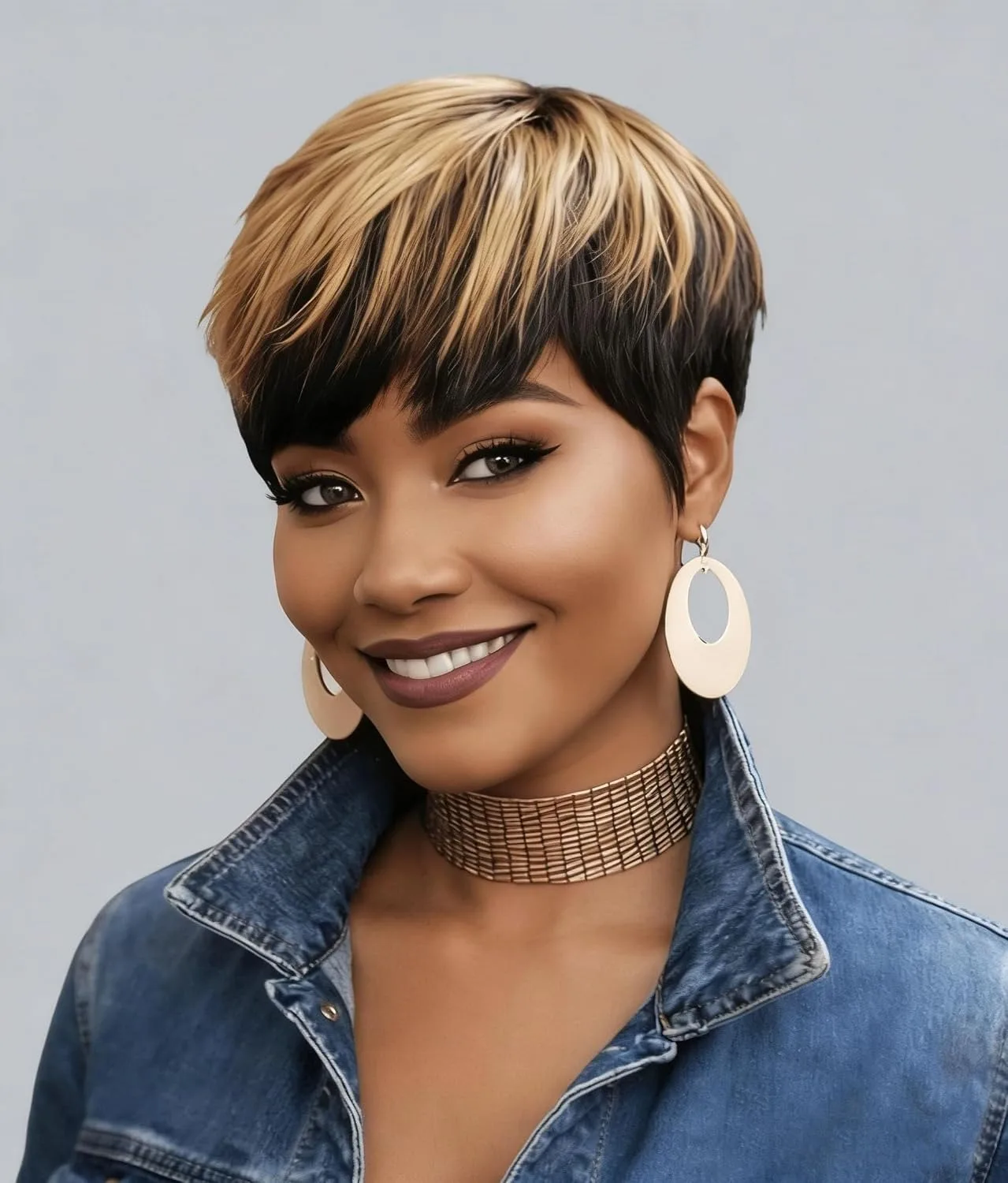 P4/27 Highlight Pixie Cut Real Human Hair Wig for Black Women Short Straight Wig With Bangs 150% Density Full Machine Made