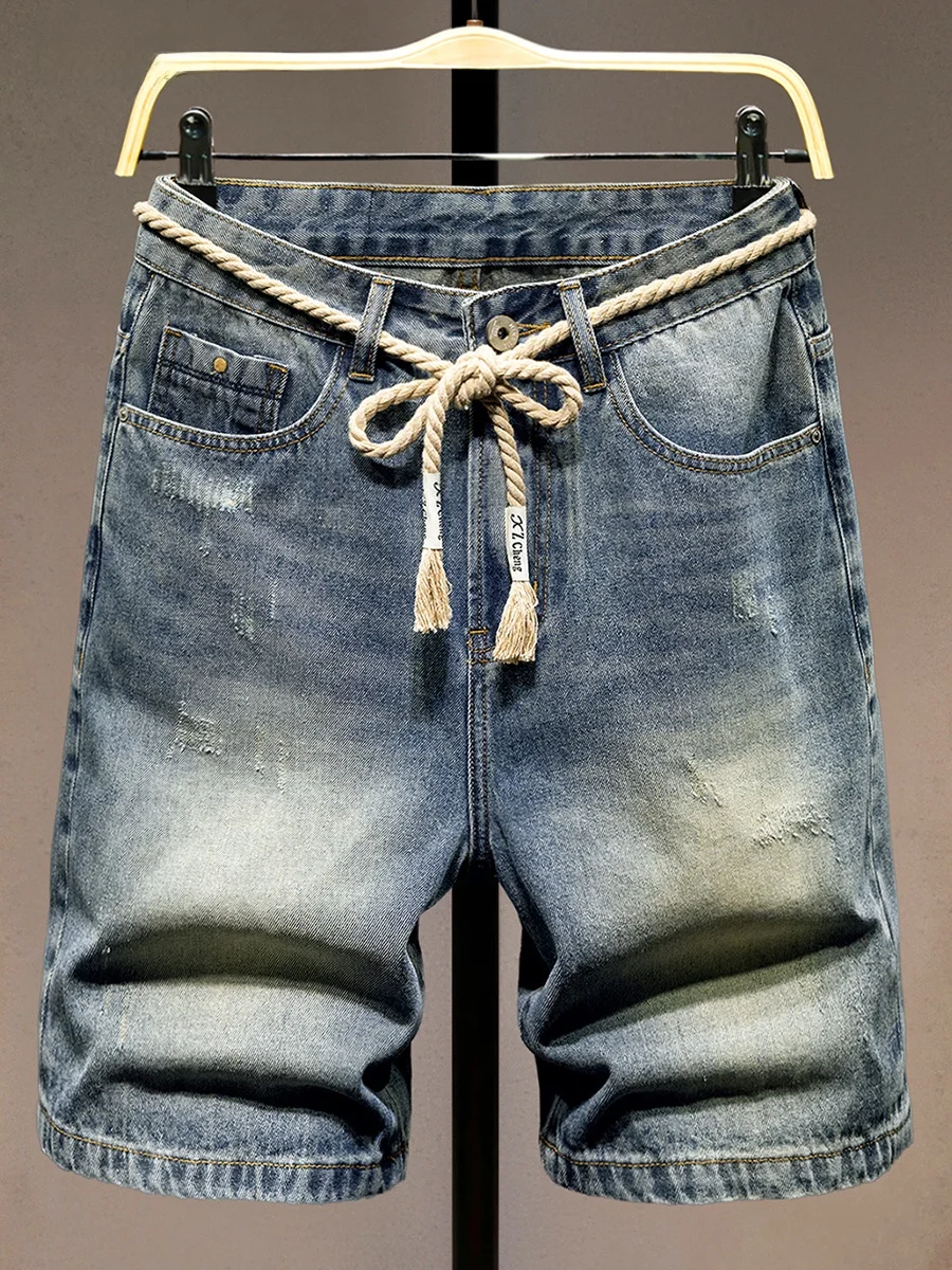 

Модные рваные джинсовые шорты для мужчин, летние, новые, свободные, высококачественные, универсальные, длиной до середины икры, прямые джинсы