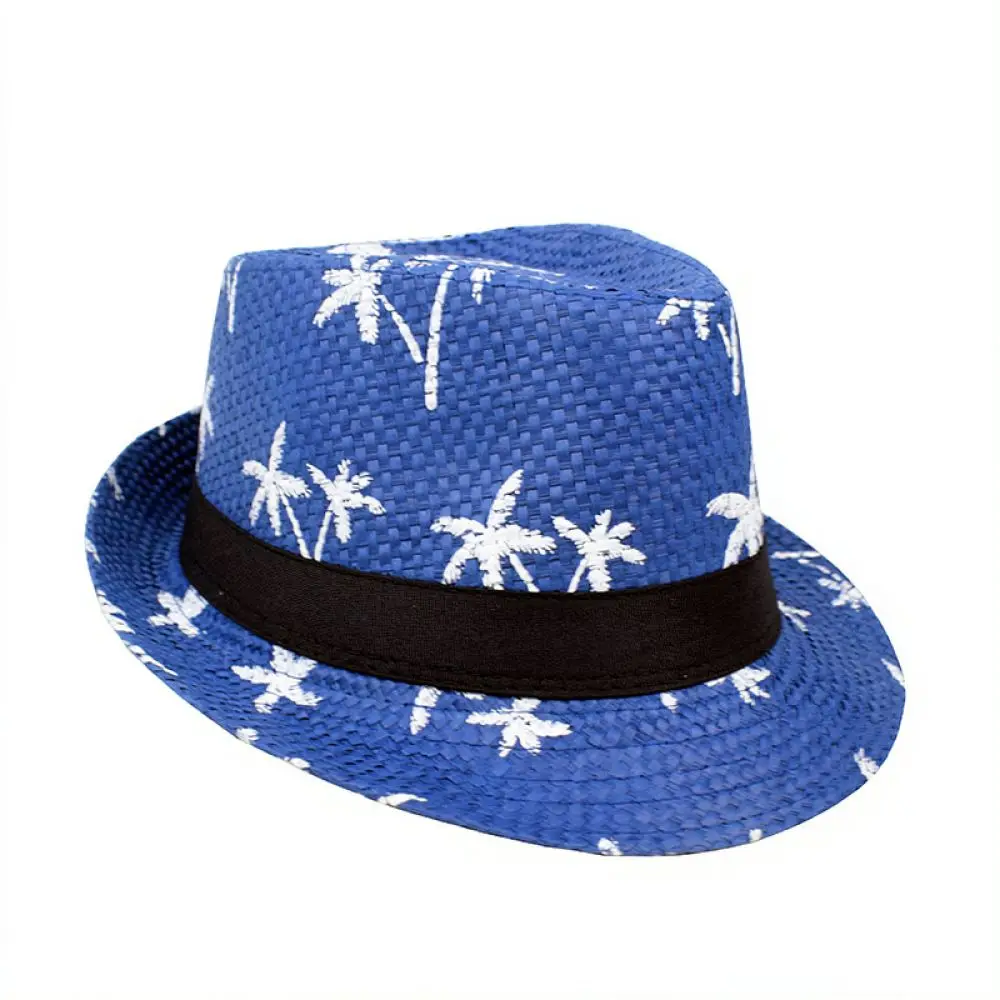 Classic Mens Straw Fedora Hat Summer Sun Protection Cap Coconut Tree Print Beach Jazz Hat Breathable Outdoor Holiday Hat