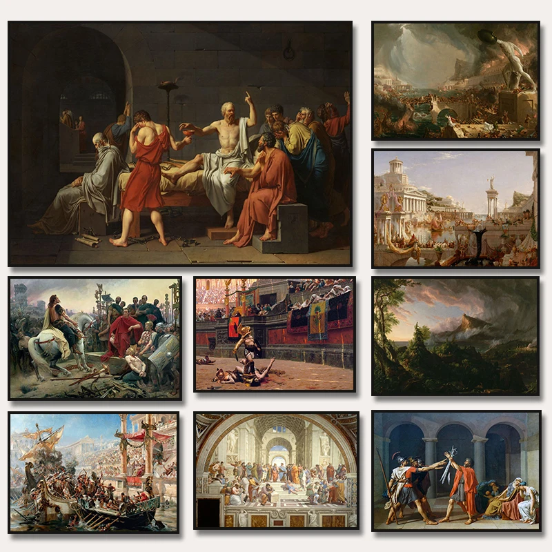 (2D Canvas Painting)  1pc framless Canvas Painting The Course of Empire The School of Athens The Death of Socrates Poster Cla