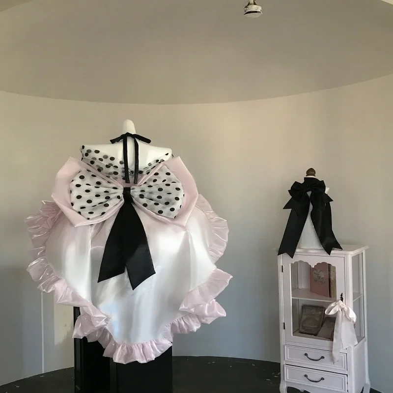 달콤한 소녀 공주 생일 파티 드레스 핑크 도트 오프숄더 하이웨이스트 큰 리본 트레일링 퍼피 미니 로리타 이브닝 드레스