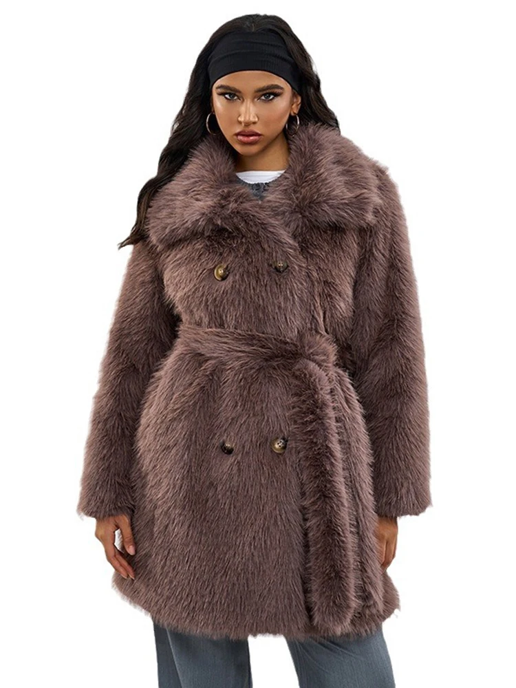 DEAT Fashion Women's Faux Fur Coat Lapel Loose Double Breasted Long Sleeves Sashes Thick Warm Jacket Winter 2024 New 7AB6136