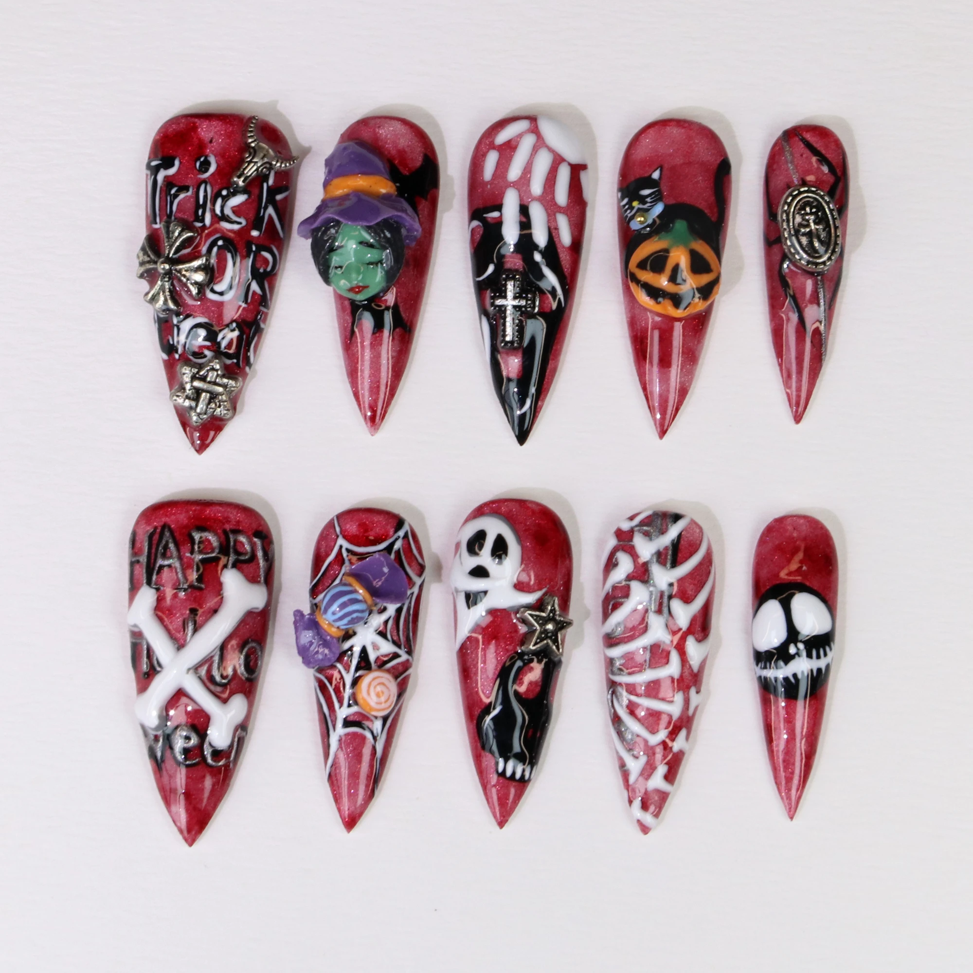 10Pcs 3Dl handmade Manicure Press On Nails, Ghost Acrylic Fake Handpainted Custom Design All Saints' Day Adhesive Nail File Set